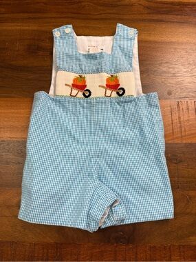 Silly Goose Hand Smocked Pumpkin Wheelbarrow Jon Jon Romper – 9M